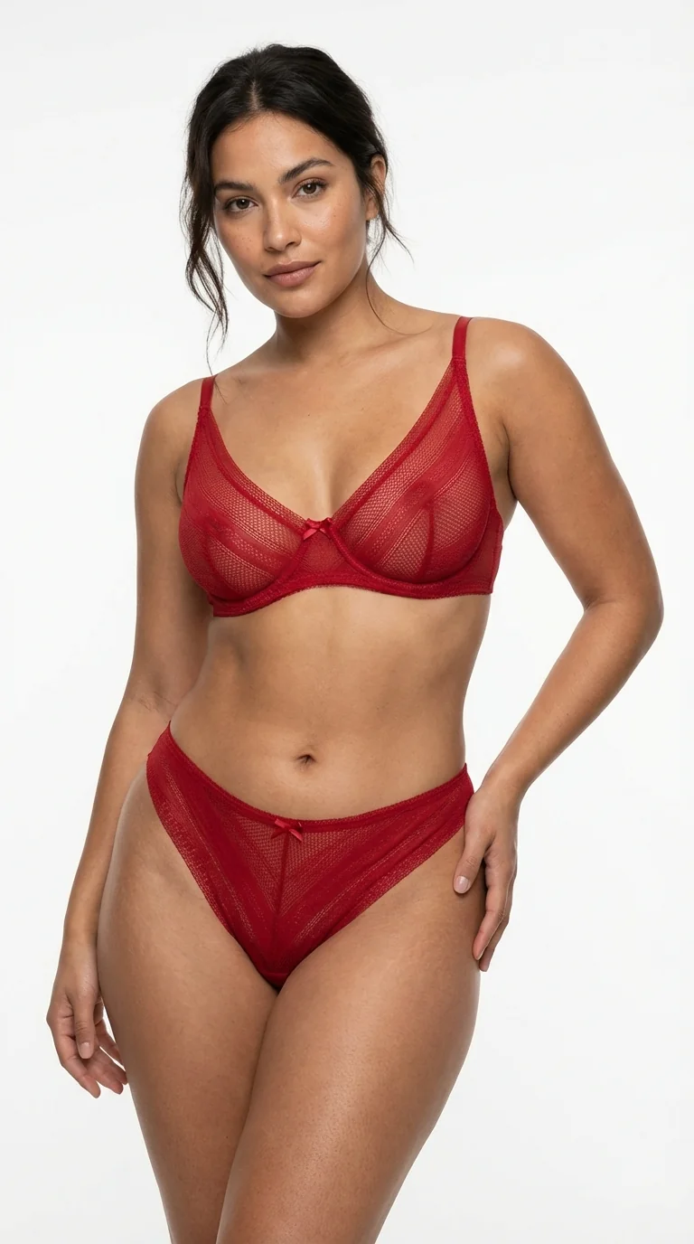 Kadın Sexy Tanga Komple Tül Şeffaf Külot Fiyonklu Detay Nar Çiçeği - Nar Çiçeği Renk Detayı - LunaIntim